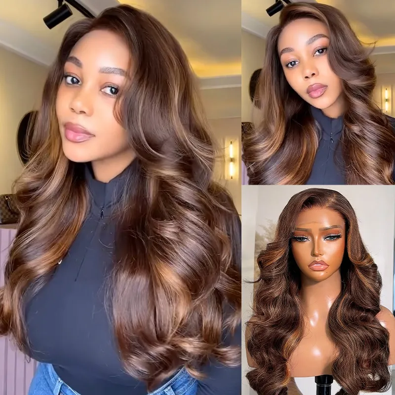 Ombre Brown Highlight Human Hair Pull Go Drawsting 6×5 Lace Glueless Wig With Blonde Color Ombre Brown Highlight Human Hair Pull Go Drawsting 6×5 Lace Glueless Wig With Blonde Color - Image 1