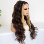 Brown With Blonde Color Balayage Highlight 6×5 Lace Glueless Body Wave Human Hair Wig - Image 7