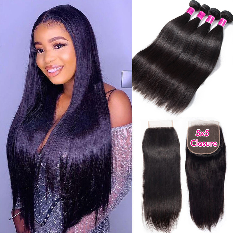 Brazilian Straight Hair 4 Bundles With 5×5 Lace Closure 100% Virgin Human Hair Weave Brazilian Straight Hair 4 Bundles With 5×5 Lace Closure 100% Virgin Human Hair Weave - Image 1