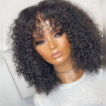 Short Fluffy Curly Human Hair Wig with Bangs Glueless Bob Wig - Image 3