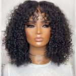 Short Fluffy Curly Human Hair Wig with Bangs Glueless Bob Wig
