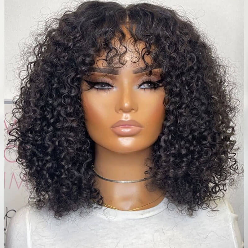 Short Fluffy Curly Human Hair Wig with Bangs Glueless Bob Wig Short Fluffy Curly Human Hair Wig with Bangs Glueless Bob Wig - Image 1
