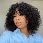 Short Fluffy Curly Human Hair Wig with Bangs Glueless Bob Wig - Image 6