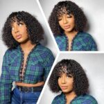 Short Fluffy Curly Human Hair Wig with Bangs Glueless Bob Wig - Image 7