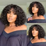 Short Fluffy Curly Human Hair Wig with Bangs Glueless Bob Wig - Image 5