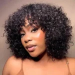 Short Fluffy Curly Human Hair Wig with Bangs Glueless Bob Wig - Image 4