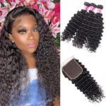 Brazilian Deep Wave 3 Bundles With 5×5 Lace Closure 100% Unprocessed Human Hair Hot Sale