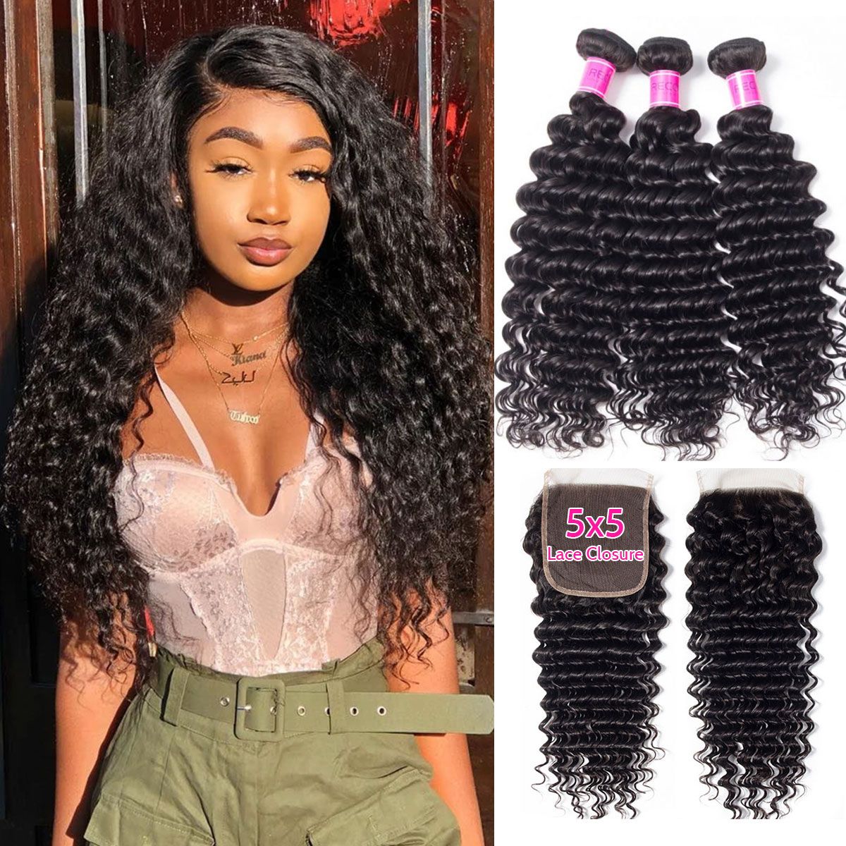 Brazilian Hair 3 Bundles Deep Wave With 5×5 Lace Closure 100% Human Hair Extension Brazilian Hair 3 Bundles Deep Wave With 5×5 Lace Closure 100% Human Hair Extension - Image 1