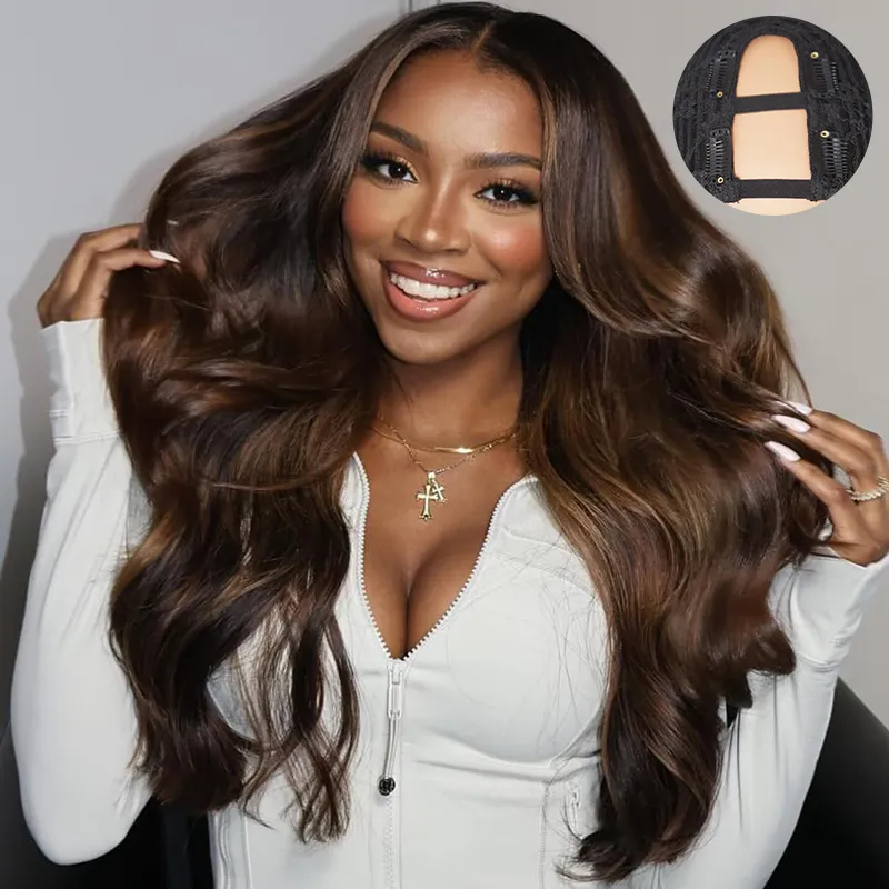 Highlight Color U Part Human Hair Wig Straight/Body Wave No Glue Protective Style Highlight Color U Part Human Hair Wig Straight/Body Wave No Glue Protective Style - Image 1