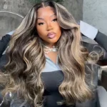 Balayage Highlight Body Wave/Straight 6×5 13×4 HD Lace Frontal Human Hair Wig Black With Blonde Highlight