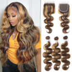 Highlight Honey Blonde Body Wave 3/4 Bundles with 5×5 HD Lace Closure 100% Human Hair Weave P4/27 Color