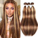 Highlight Honey Blonde Straight Hair Human Hair Weave 3/4 Bundles P4/27 Color