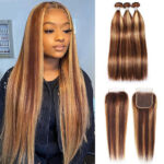 Highlight Honey Blonde Straight Hair 3/4 Bundles with 5×5 HD Lace Closure 100% Human Hair Weave P4/27 Color