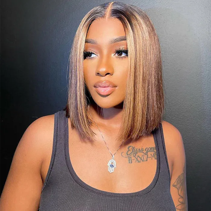 Ombre Highlight Color 4/27 6×5 Lace Glueless Bob Wigs Straight Brown Mix Color 180% Density Ombre Highlight Color 4/27 6×5 Lace Glueless Bob Wigs Straight Brown Mix Color 180% Density - Image 1