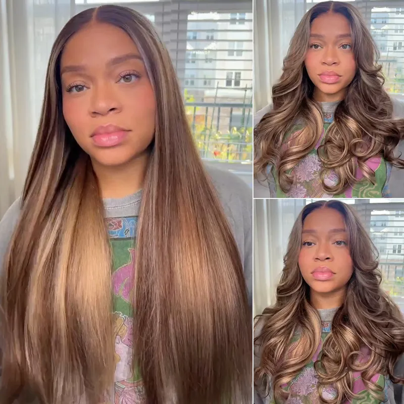 Balayage Highlight Straight/Body Wave 6×5 Lace Glueless Human Hair Wig Pre Cut Lace Bleached Knots Balayage Highlight Straight/Body Wave 6×5 Lace Glueless Human Hair Wig Pre Cut Lace Bleached Knots - Image 1