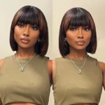 Realistic Yaki Straight Bob with Bangs Minimalist Lace Wig Wear Go Glueless Black/Brown Highlight - Image 8