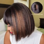 Realistic Yaki Straight Bob with Bangs Minimalist Lace Wig Wear Go Glueless Black/Brown Highlight - Image 11