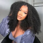 Kinky Curly V Part Human Hair Wig Pull Go Drawstring Glueless Wig For Beginner 180% Density