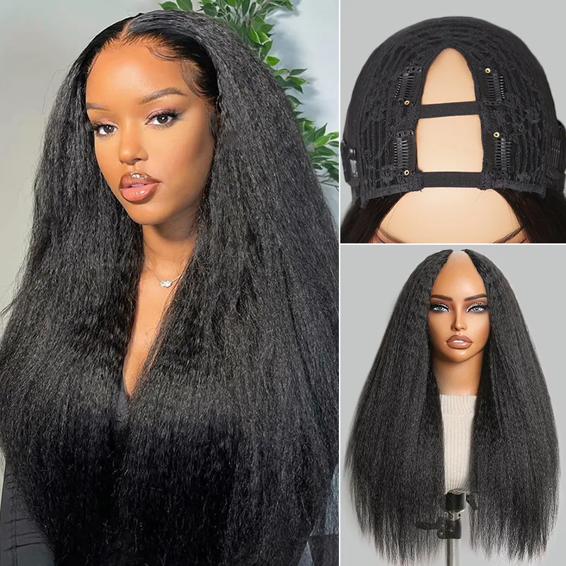 Kinky Straight Drawstring V Part Human Hair Wig Opening Size Seamless Blend 200% Density Kinky Straight Drawstring V Part Human Hair Wig Opening Size Seamless Blend 200% Density - Image 1