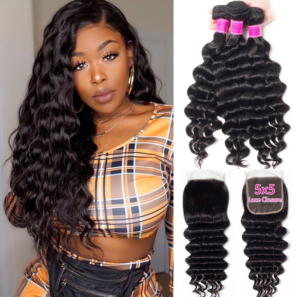 HD Lace Closure With Bundles Brazilian Loose Deep 3 Bundles With 5×5 Closure 100% Human Hair HD Lace Closure With Bundles Brazilian Loose Deep 3 Bundles With 5×5 Closure 100% Human Hair - Image 1