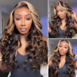 Brown With Blonde Color Balayage Highlight 6×5 Lace Glueless Body Wave Human Hair Wig