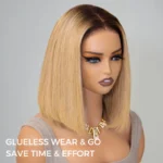 Ombre Color Bob 6×5 Glueless Short Human Hair Wig Honey Blonde with Brown Roots - Image 2