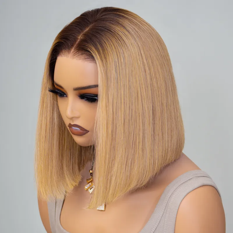 Ombre Color Bob 6×5 Glueless Short Human Hair Wig Honey Blonde with Brown Roots Ombre Color Bob 6×5 Glueless Short Human Hair Wig Honey Blonde with Brown Roots - Image 1