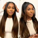V Part Yaki Straight Chestnut Brown Ombre Wig Real Scalp T1B/4 Drawstring Glueless Human Hair Wig - Image 3