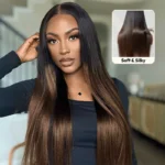 V Part Yaki Straight Chestnut Brown Ombre Wig Real Scalp T1B/4 Drawstring Glueless Human Hair Wig - Image 2
