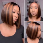 Ombre Brown Blonde Highlight Color Short Bob Straight Human Hair 6×5 Glueless Lace Wig Bleached Knots