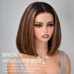 Ombre Brown Blonde Highlight Color Short Bob Straight Human Hair 6×5 Glueless Lace Wig Bleached Knots - Image 2