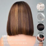 Ombre Brown Blonde Highlight Color Short Bob Straight Human Hair 6×5 Glueless Lace Wig Bleached Knots - Image 3