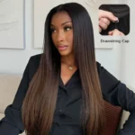 V Part Yaki Straight Chestnut Brown Ombre Wig Real Scalp T1B/4 Drawstring Glueless Human Hair Wig