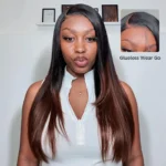 Ombre Brown Color Yaki Straight Pre Layered Cut Glueless 6×5 Closure Human Hair Wig 200% Density - Image 3