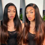 Ombre Brown Color Yaki Straight Pre Layered Cut Glueless 6×5 Closure Human Hair Wig 200% Density