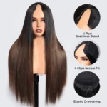 V Part Yaki Straight Chestnut Brown Ombre Wig Real Scalp T1B/4 Drawstring Glueless Human Hair Wig - Image 4
