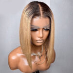 Ombre Color Bob 6×5 HD Lace Closure Wigs Short Honey Blonde Human Hair Wigs 180% Density