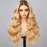 Ombre Honey Blonde Straight/Body Wave 6×5 Lace Glueless Human Hair Wig with Brown Roots - Image 4