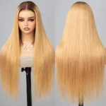 Ombre Honey Blonde Straight/Body Wave 6×5 Lace Glueless Human Hair Wig with Brown Roots - Image 2