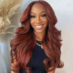 Reddish Brown Color Curtain Bangs Body Wave 6×5 HD Lace Glueless Human Hair Wig Pre Cut & Plucked