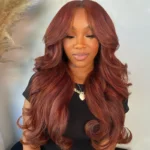 Reddish Brown Color Curtain Bangs Body Wave 6×5 HD Lace Glueless Human Hair Wig Pre Cut & Plucked - Image 3