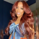 Reddish Brown Color Curtain Bangs Body Wave 6×5 HD Lace Glueless Human Hair Wig Pre Cut & Plucked - Image 8