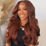 Reddish Brown Color Curtain Bangs Body Wave 6×5 HD Lace Glueless Human Hair Wig Pre Cut & Plucked - Image 2