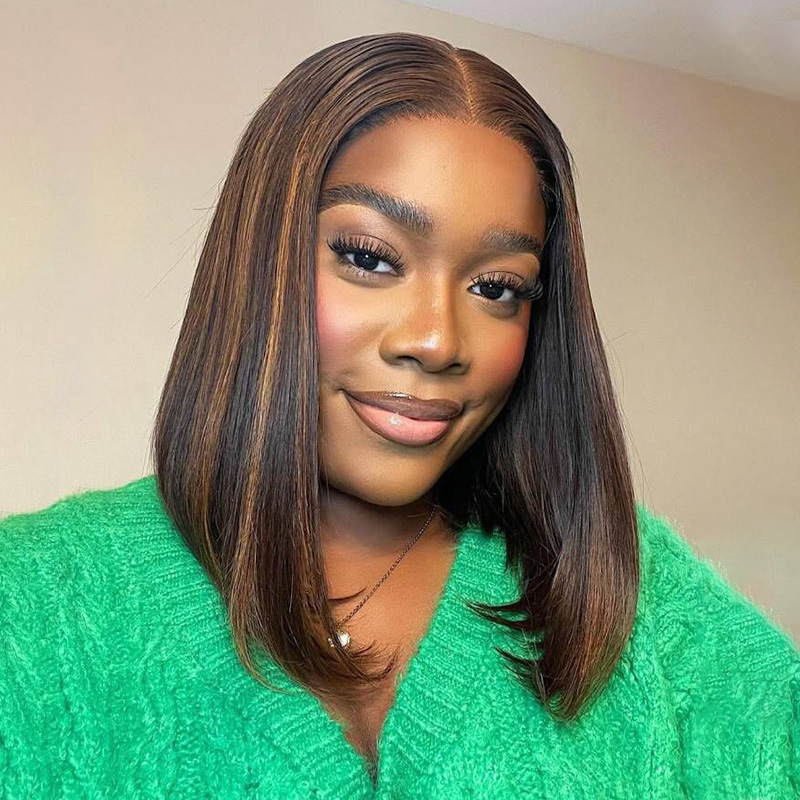 Highlight Short Bob Wigs Straight Hair Glueless 6×5 Lace Wig Mix Color Pre Bleached Knots 180% Density Highlight Short Bob Wigs Straight Hair Glueless 6×5 Lace Wig Mix Color Pre Bleached Knots 180% Density - Image 1