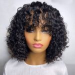 Short Water Curly Bob Wig with Bangs Glueless Human Hair Wig