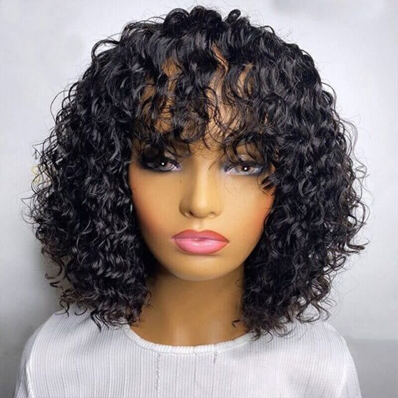 Short Water Curly Bob Wig with Bangs Glueless Human Hair Wig Short Water Curly Bob Wig with Bangs Glueless Human Hair Wig - Image 1