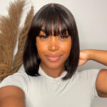Blunt Cut Bob Wig with Bangs Straight Hair Realistic Scalp Glueless Brown Highlight Color 180% Density