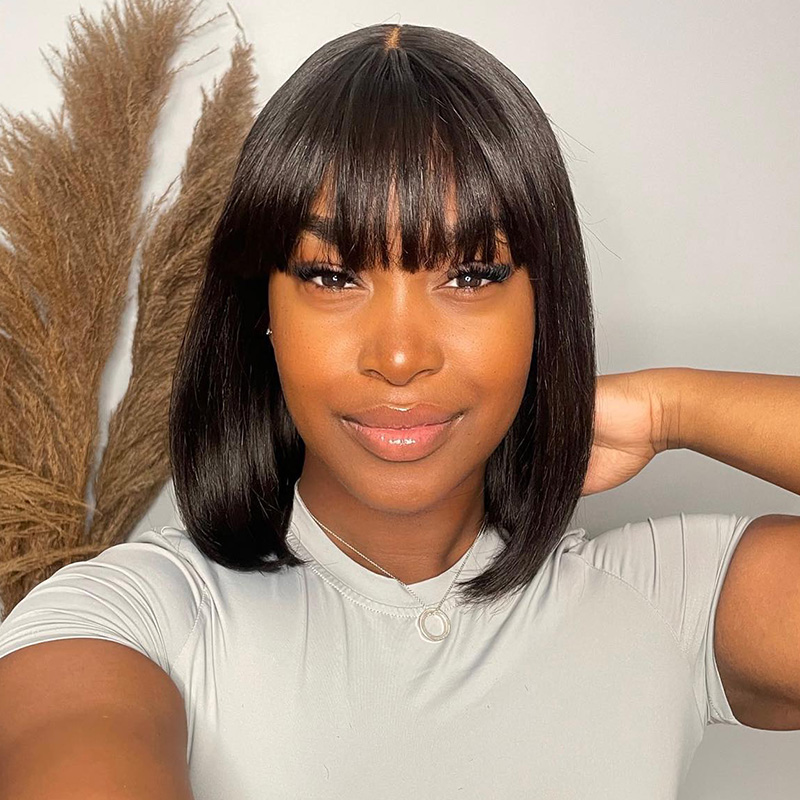 Blunt Cut Bob Wig with Bangs Straight Hair Realistic Scalp Glueless Brown Highlight Color 180% Density Blunt Cut Bob Wig with Bangs Straight Hair Realistic Scalp Glueless Brown Highlight Color 180% Density - Image 1
