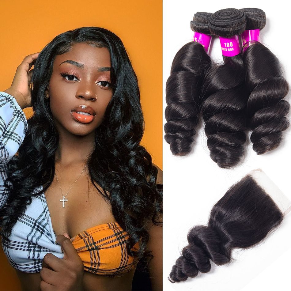 Brazilian Loose Wave 100% Brazilian Virgin Remy Hair 5×5 Lace Closure Spring Loose Curly 3 Bundles With Closure Brazilian Loose Wave 100% Brazilian Virgin Remy Hair 5×5 Lace Closure Spring Loose Curly 3 Bundles With Closure - Image 1