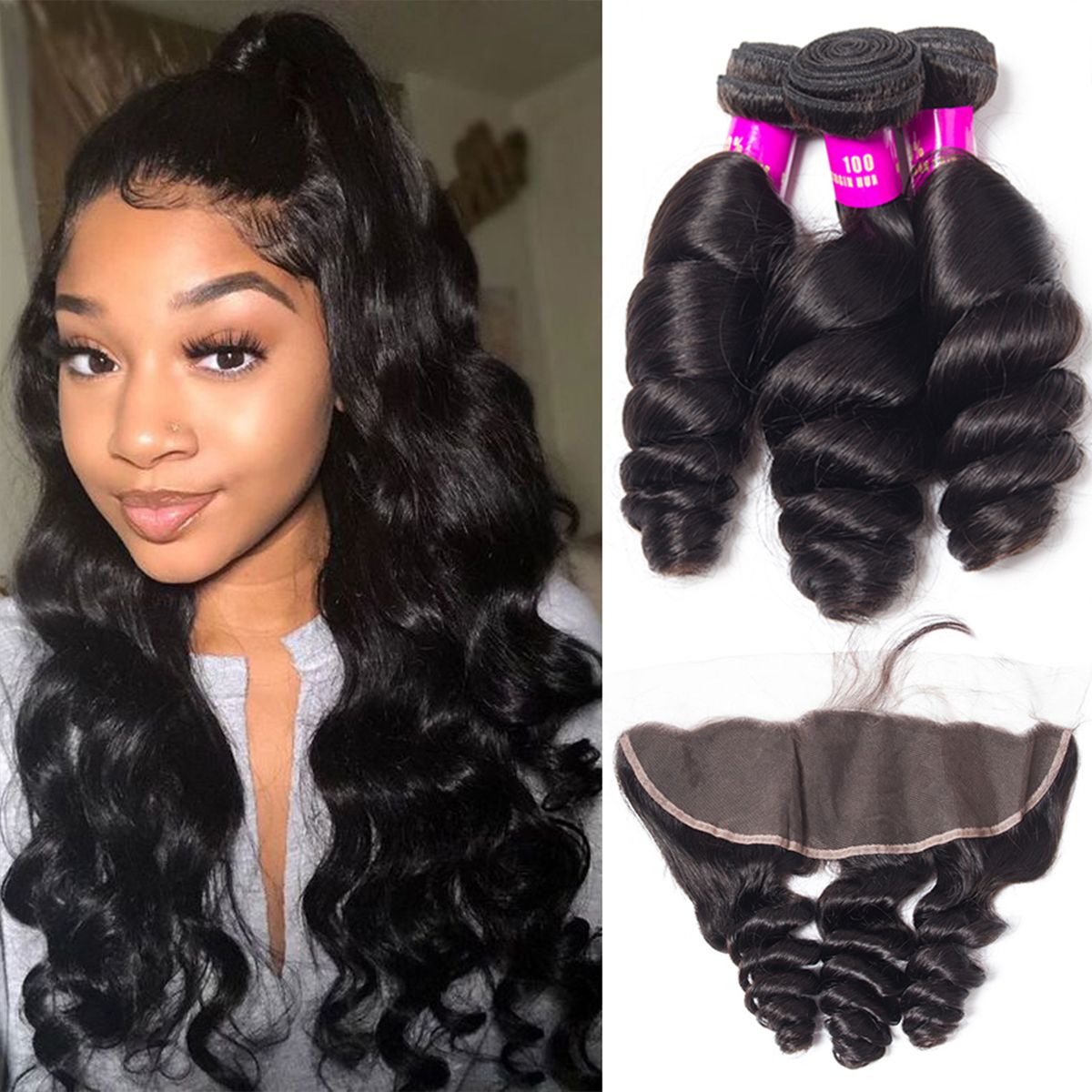 Tinashe Hair With Frontal Brazilian Loose Wave 100% Brazilian Virgin Remy Hair With Frontal Spring Loose Curly 3 Bundles With Frontal Tinashe Hair With Frontal Brazilian Loose Wave 100% Brazilian Virgin Remy Hair With Frontal Spring Loose Curly 3 Bundles With Frontal - Image 1